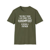 Being a Father softstyle t-shirt in olive green, featuring playful text design about loving Hand and Foot.