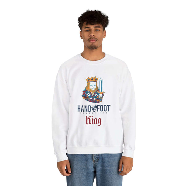 Model wearing Hand & Foot King Unisex Heavy Blend Crewneck Sweatshirt with king graphic, offering comfort and sustainable fashion.