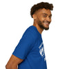 Smiling man wearing a blue Lucky Softstyle T-Shirt, made from 100% ring-spun cotton, offering comfort and style.