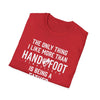 Red softstyle t-shirt with playful print about being a father and a game enthusiast, perfect gift for dads.