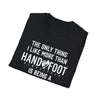 Black softstyle t-shirt with humorous text about being a dad and playing games.