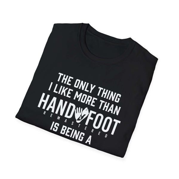 Black softstyle t-shirt with humorous text about being a dad and playing games.