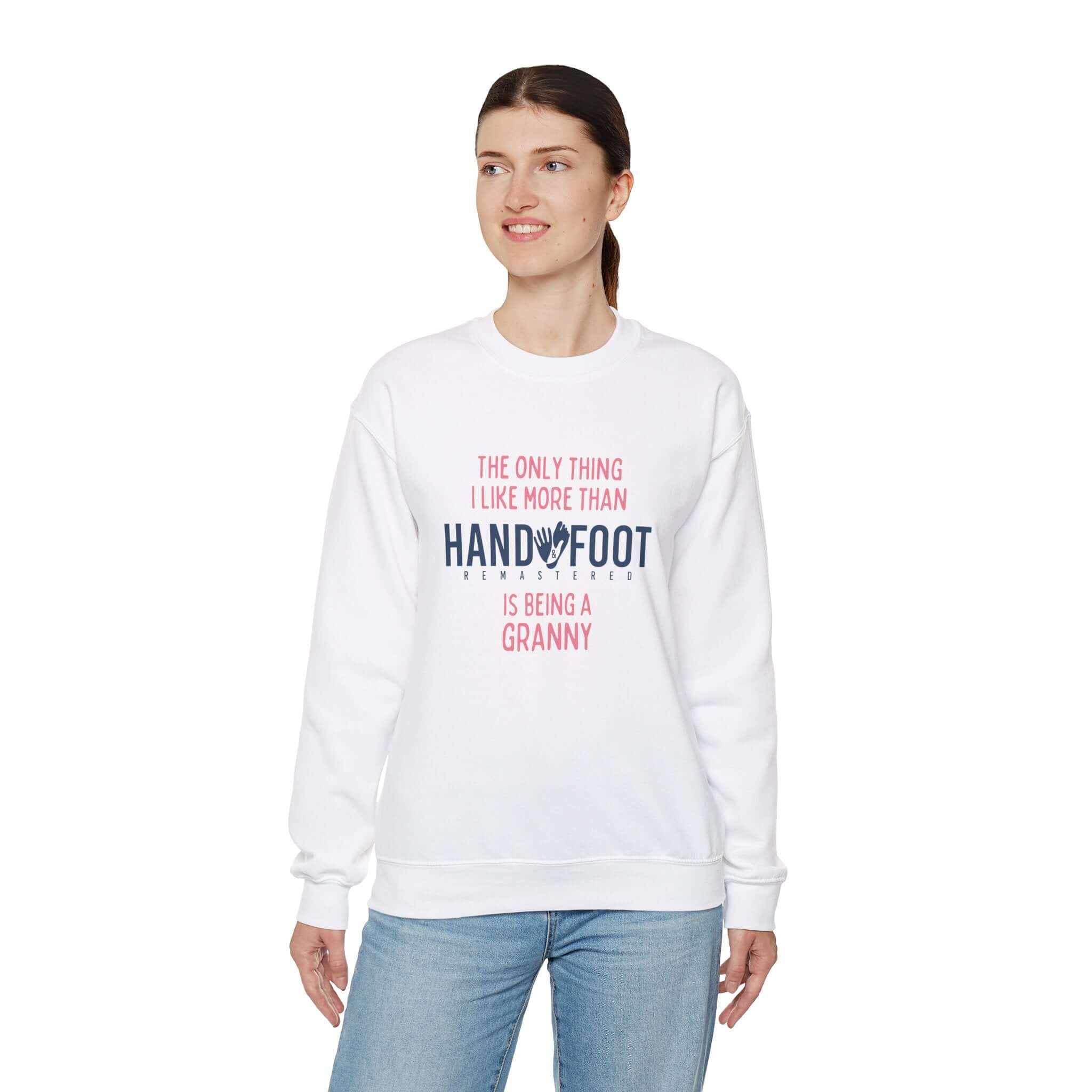 Woman wearing 'Being a Granny' unisex heavy blend crewneck sweatshirt, featuring a cozy and sustainable design, perfect granny gift.
