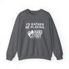 Gray unisex heavy blend crewneck sweatshirt with 'I'd Rather Be Playing Hand & Foot Remastered' text.