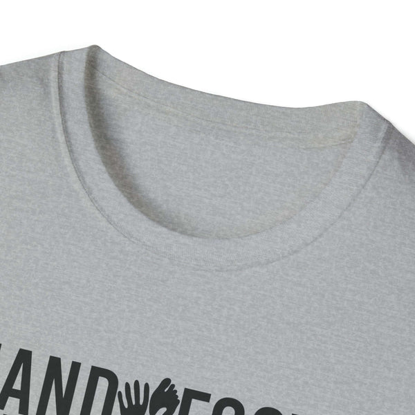 Close-up of Wine. Repeat. Softstyle T-Shirt collar, showcasing elegant 100% ring-spun cotton fabric in light gray color.