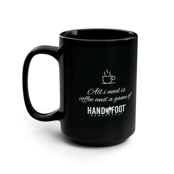 Black ceramic mug with "All I need is coffee and a game" text, 15oz size, perfect for game lovers, lead and BPA-free.