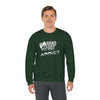 Unisex green crewneck sweatshirt with 'Hand & Foot Addict' text, modeled by a person. Comfortable and sustainable fashion choice.