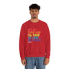 Man wearing red 'It's My Turn' unisex sweatshirt with colorful text 'I'll Take as Long as I Want'