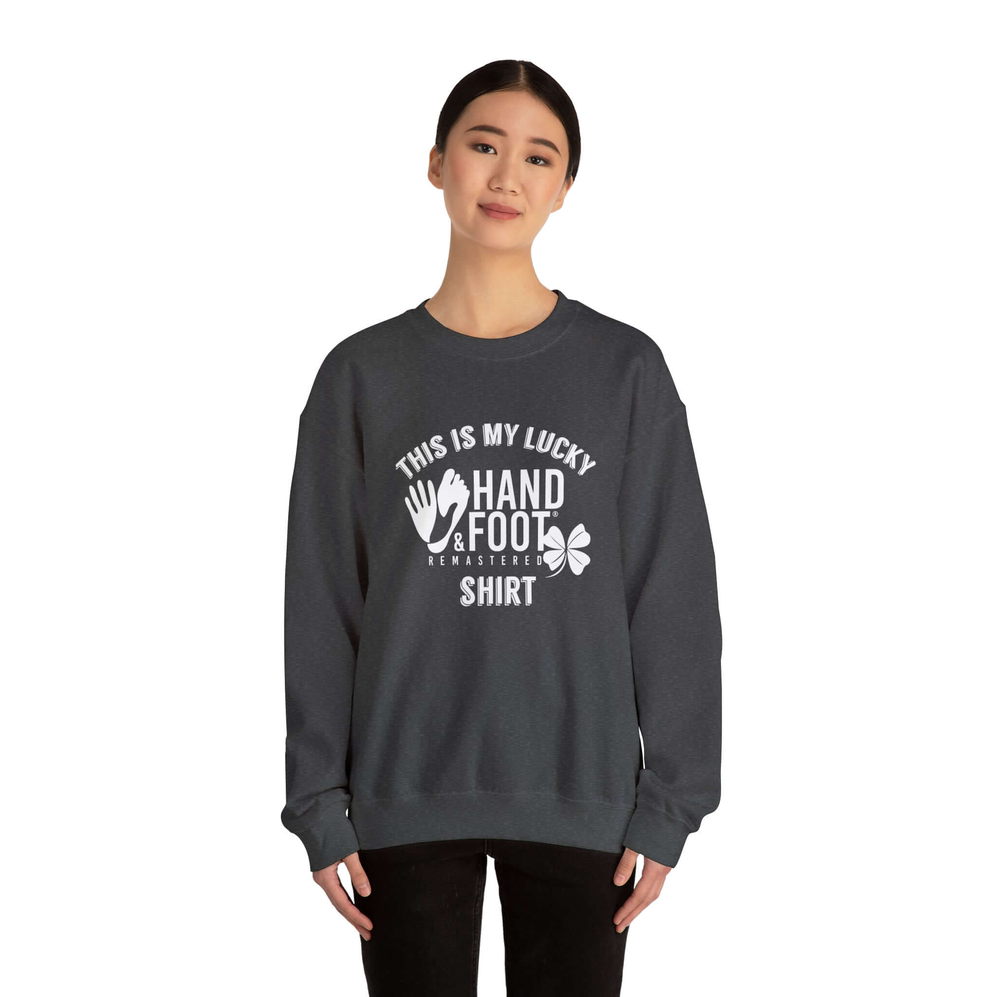 Person wearing Lucky Unisex Heavy Blend Crewneck Sweatshirt in black with white print, featuring comfort and style for all genders.