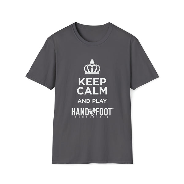 Gray Keep Calm Softstyle T-Shirt with 'Play Hand & Foot Remastered' slogan, made from 100% ring-spun cotton.
