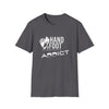 Gray Gildan soft-style t-shirt featuring 'Hand & Foot Addict' design, made from 100% ring-spun cotton for comfort and style.