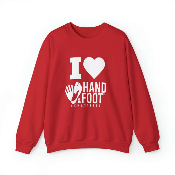 Red I Love Hand & Foot Unisex Crewneck Sweatshirt with logo design, cozy and sustainable fashion.