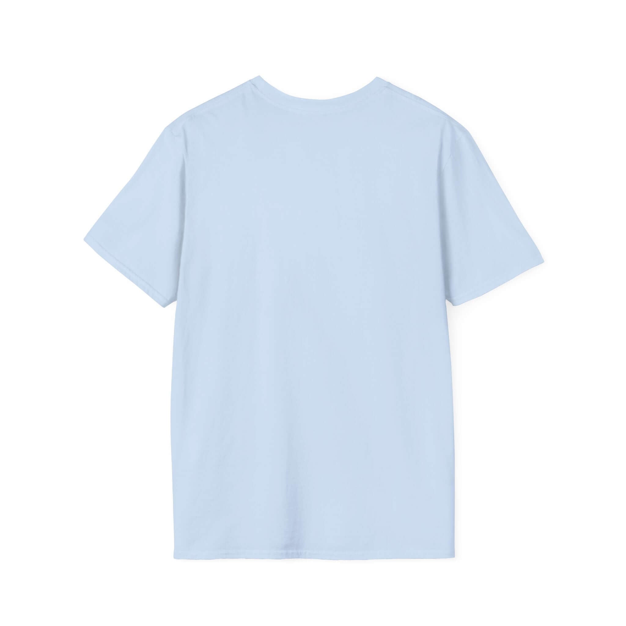 Back view of a light blue unisex softstyle t-shirt, made from 100% ring-spun cotton for ultimate comfort.