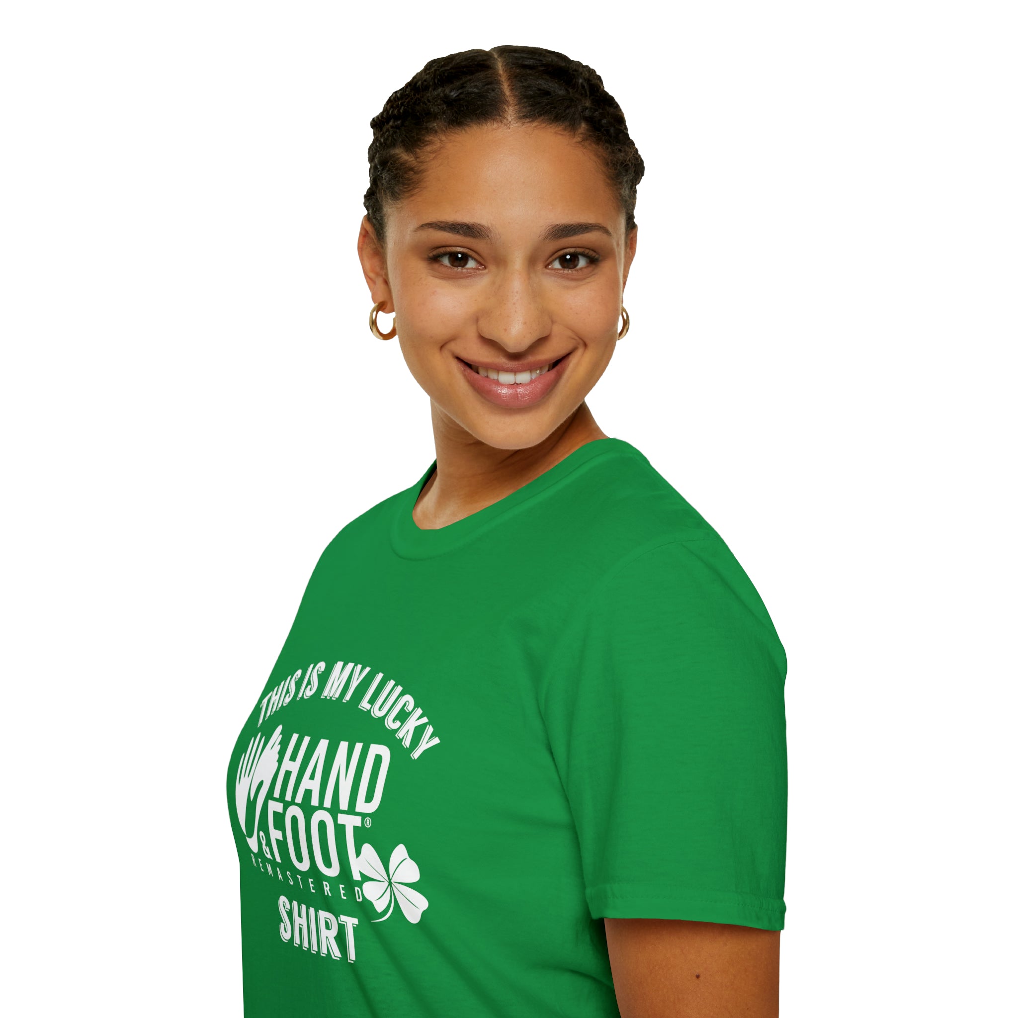 Women wearing Lucky Softstyle T-Shirt in green with 'lucky' print, made from 100% ring-spun cotton for comfort and style.