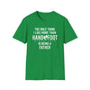 Green soft-style t-shirt featuring fun text about being a father and playing Hand and Foot card game.