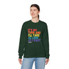 Person wearing It's My Turn Unisex Heavy Blend Crewneck Sweatshirt with colorful text, casual outfit.