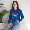 Woman wearing 'It's My Turn' unisex sweatshirt, colorful text, casual style. Perfect for game nights, heavy blend, comfortable fit.