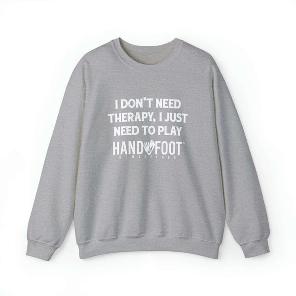 Therapy Unisex Heavy Blend Crewneck Sweatshirt with 'Hand & Foot' quote on grey fabric.