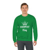 Man wearing green 'Hand & Foot King' crewneck sweatshirt with crown logo, promoting comfort and sustainable fashion.