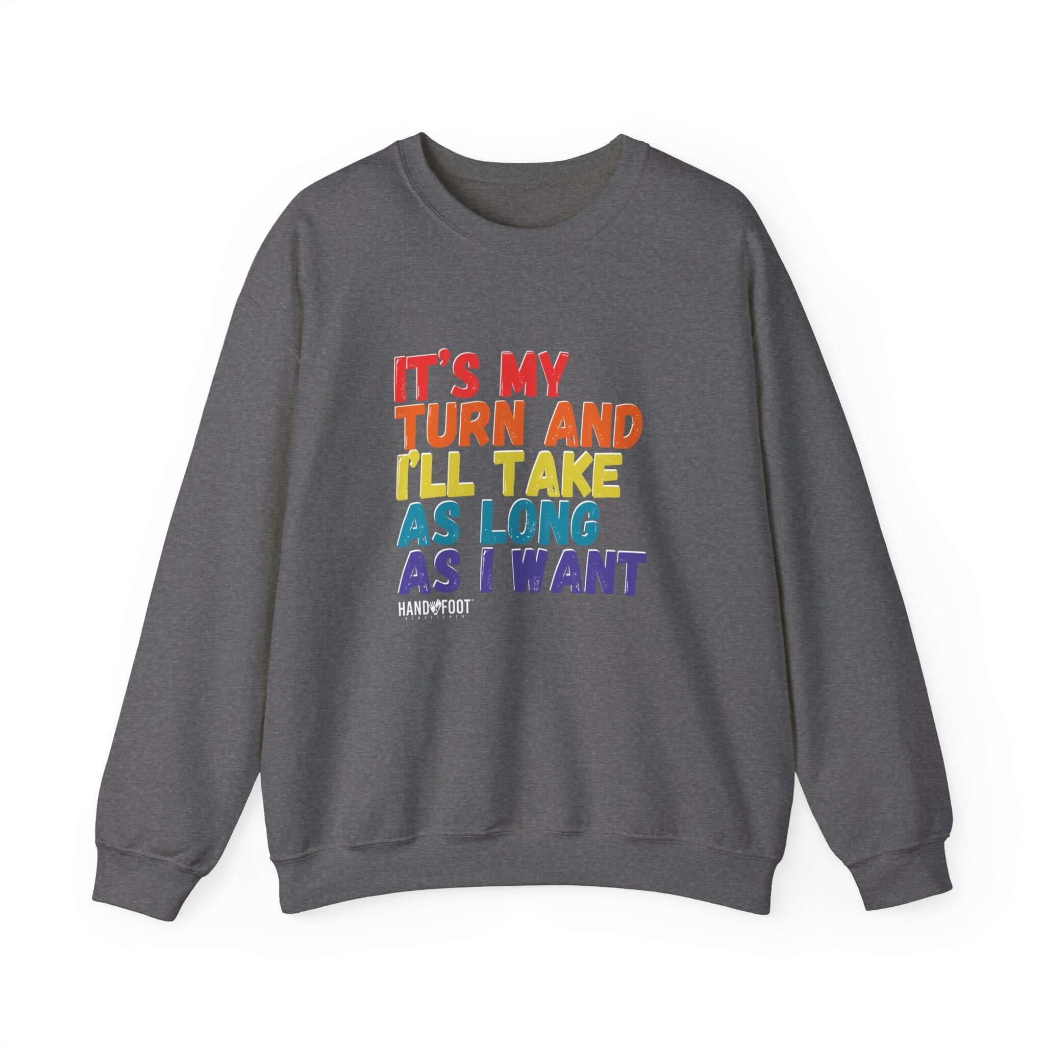 It's My Turn Unisex Heavy Blend Crewneck Sweatshirt with colorful text design on dark fabric, perfect for board game lovers.