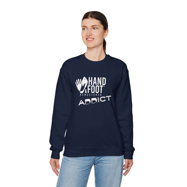Model wearing navy 'Hand & Foot Addict' unisex crewneck sweatshirt. Comfortable and sustainable fashion.