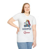 Woman wearing Hand & Foot Queen Softstyle T-Shirt, featuring vibrant queen design, crafted from 100% ring-spun cotton, unisex fit.