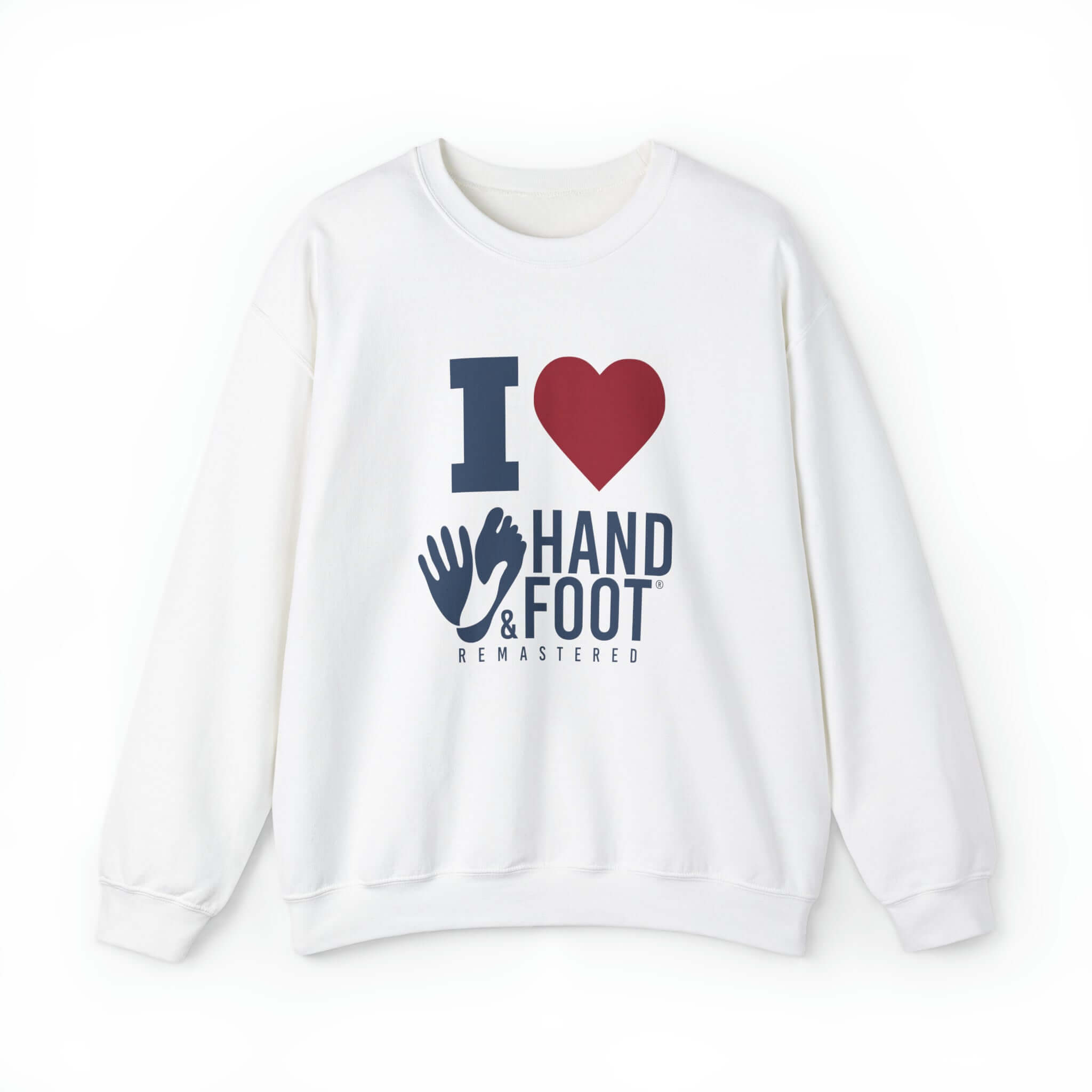 I Love Hand & Foot unisex crewneck sweatshirt, featuring a cozy design with a heart and hand graphic, white color, sustainable fabric.