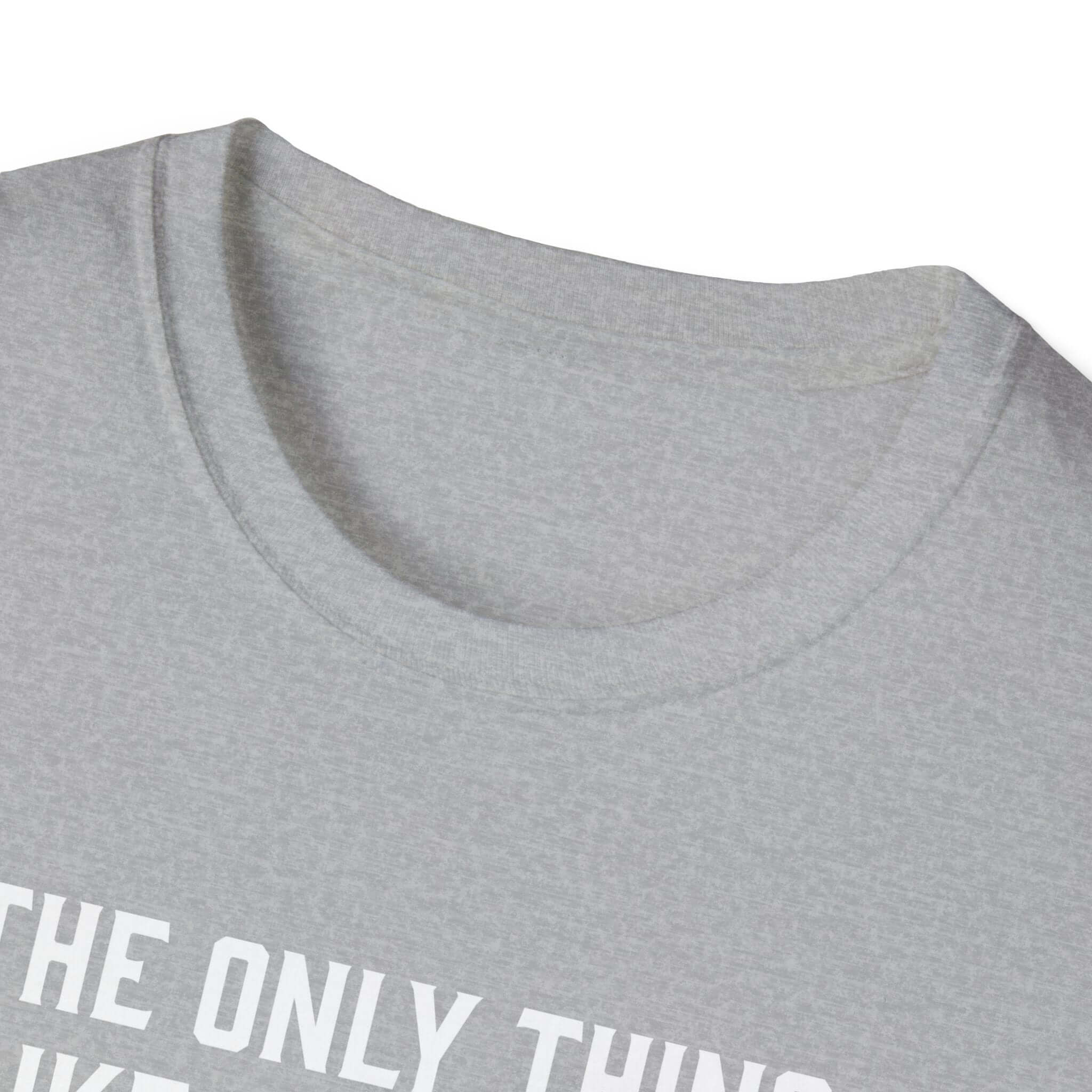 Close-up of a light grey softstyle t-shirt collar with white text, ideal gift for dads who love comfort.