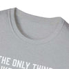 Close-up of a light grey softstyle t-shirt collar with white text, ideal gift for dads who love comfort.