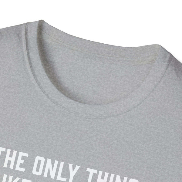 Close-up of a light grey softstyle t-shirt collar with white text, ideal gift for dads who love comfort.
