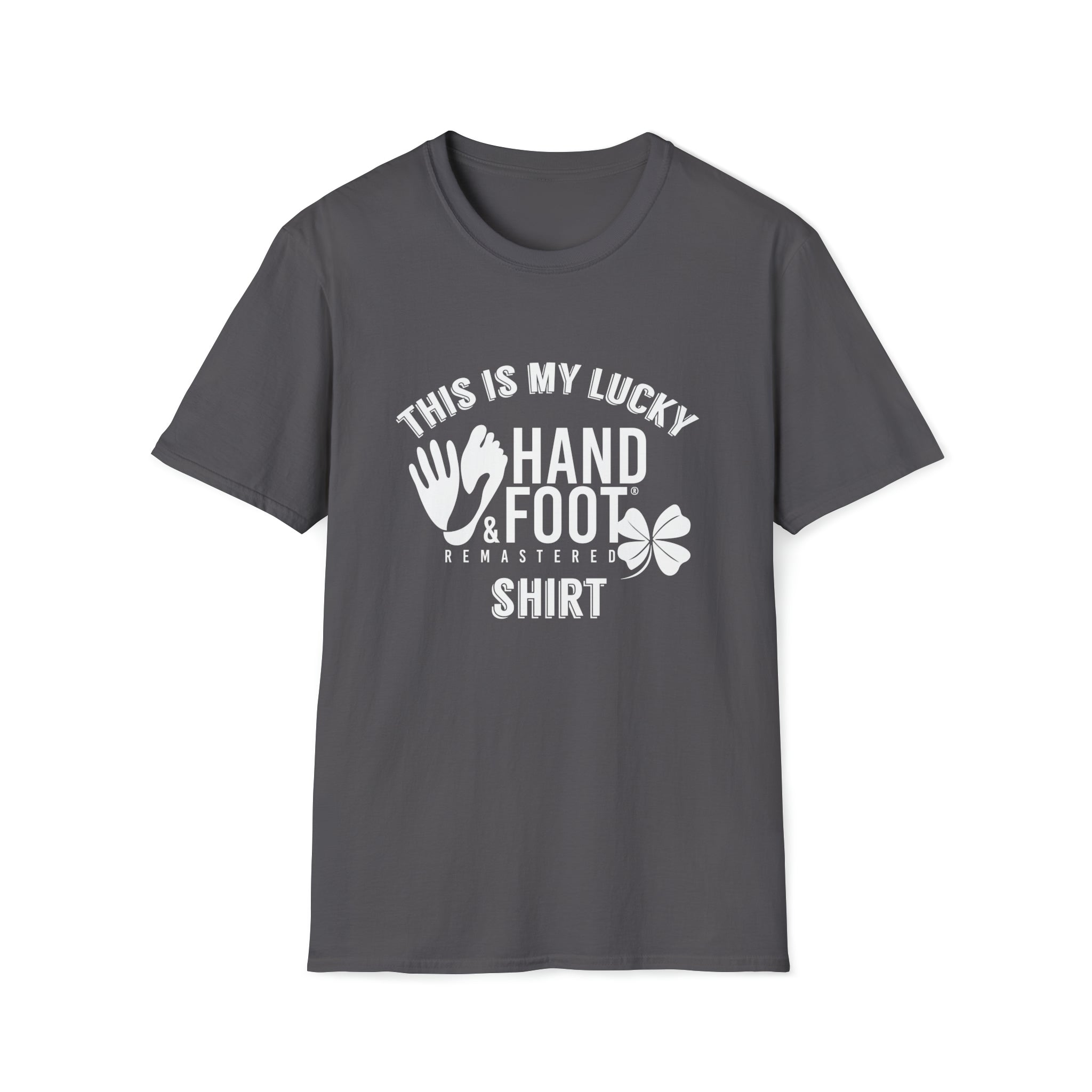 Gray Lucky Softstyle T-Shirt with 'This is My Lucky Hand & Foot Remastered Shirt' design, 100% ring-spun cotton for comfort.