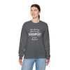 Woman wearing 'Being a Grandmom' unisex sweatshirt with hand and foot lettering, perfect gift for grandmothers, cozy blend.