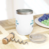 Tears of the People I Beat wine tumbler with seamless design, wine corkscrew, and lid on a wooden table.