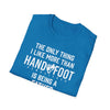 Blue soft-style t-shirt with text design about being a father and liking games like Hand and Foot.
