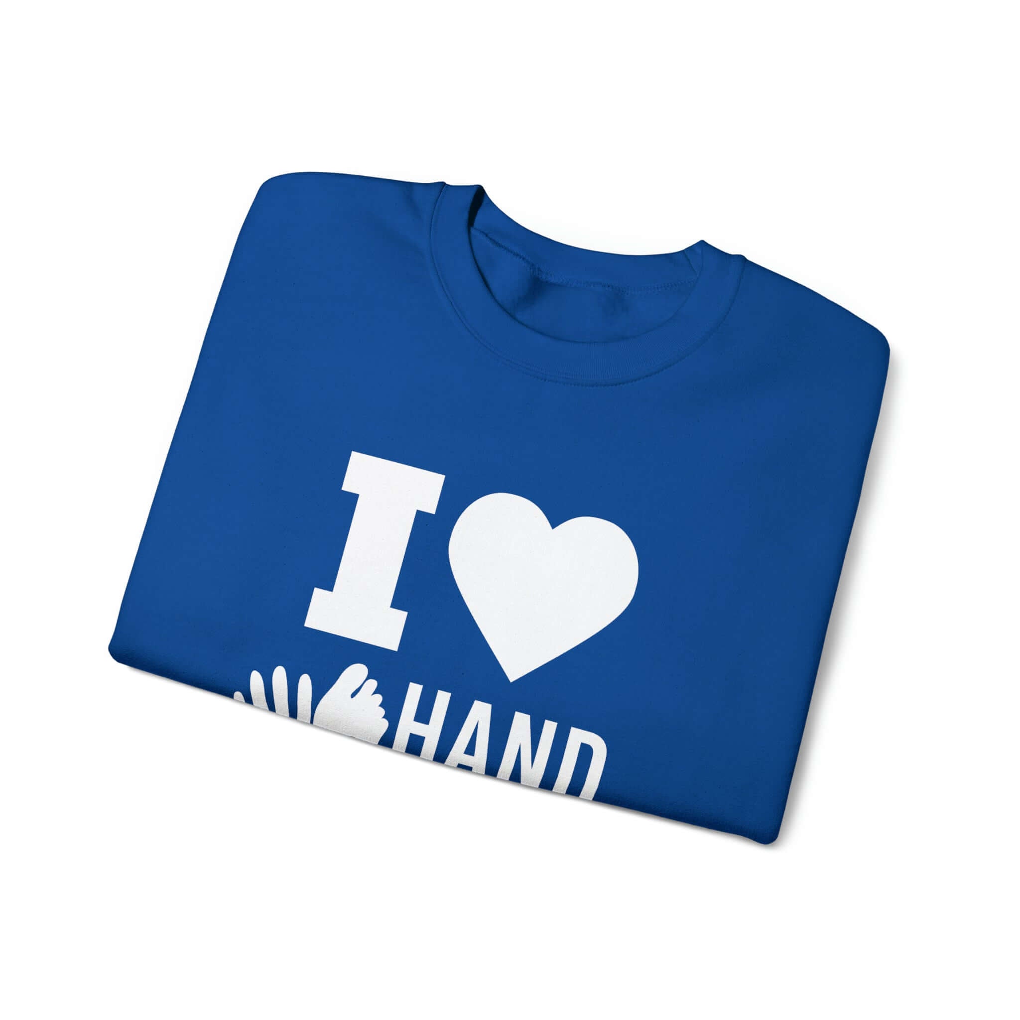 Blue 'I Love Hand' unisex crewneck sweatshirt folded, emphasizing comfort and sustainability. Perfect for fans of Hand & Foot game.