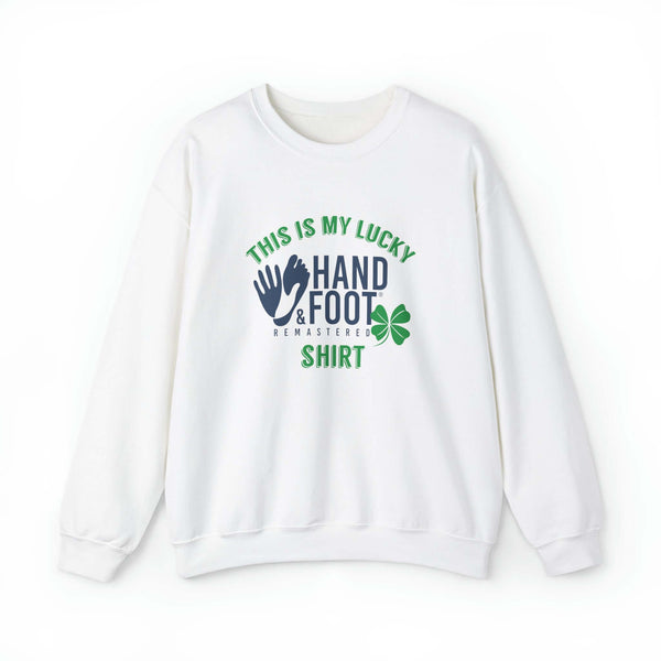Lucky Unisex Heavy Blend Crewneck Sweatshirt in white with 'This is my lucky hand & foot' text and a clover graphic, offering comfort and style.
