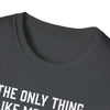 Close-up view of a dark gray soft-style t-shirt collar with white text highlighting its comfort and design.