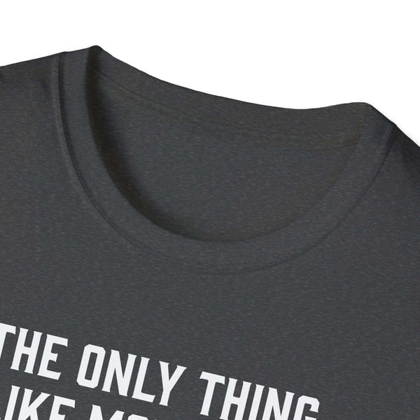 Close-up view of a dark gray soft-style t-shirt collar with white text highlighting its comfort and design.