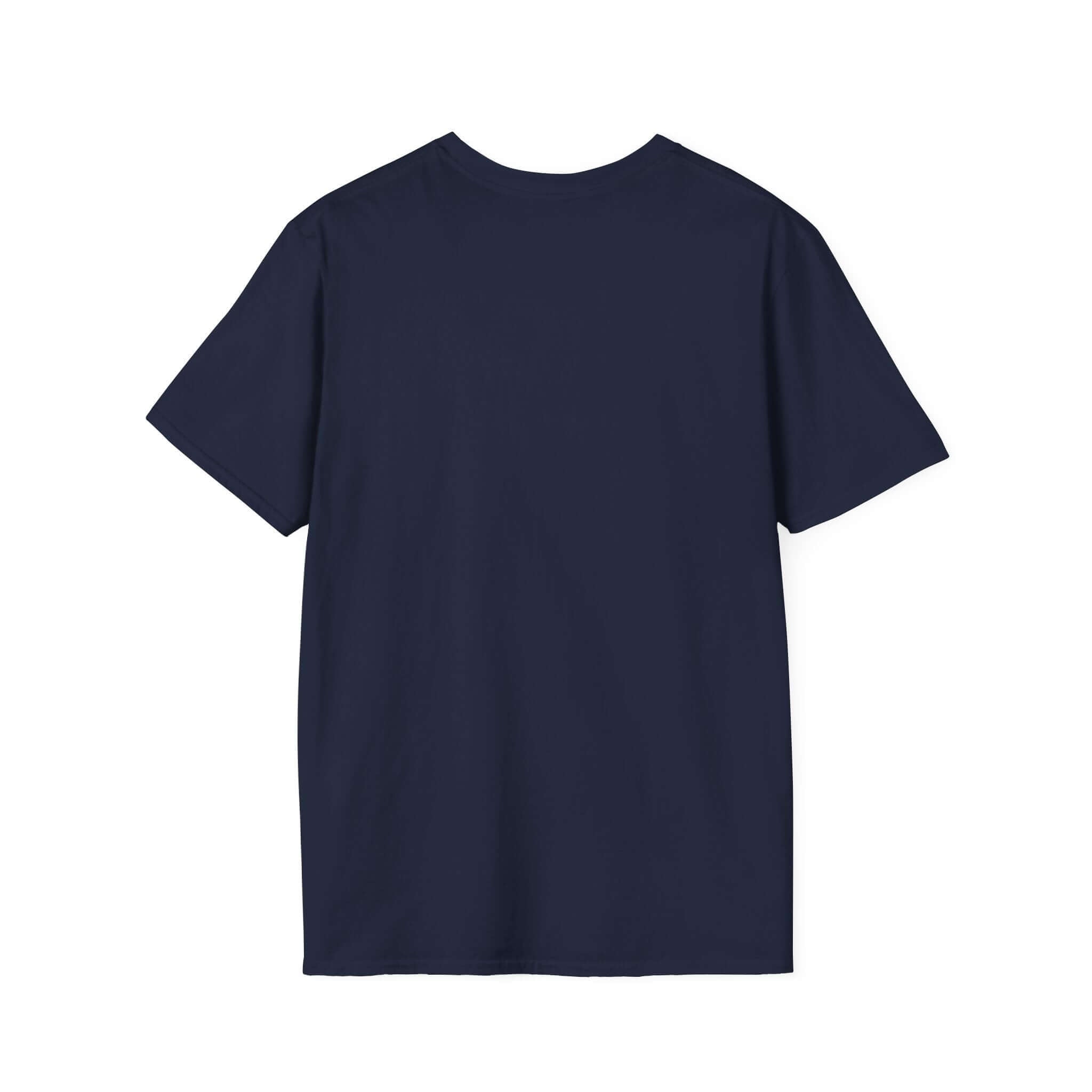 Back view of a navy blue unisex soft-style t-shirt made from 100% ring-spun cotton.