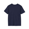 Back view of a navy blue unisex soft-style t-shirt made from 100% ring-spun cotton.