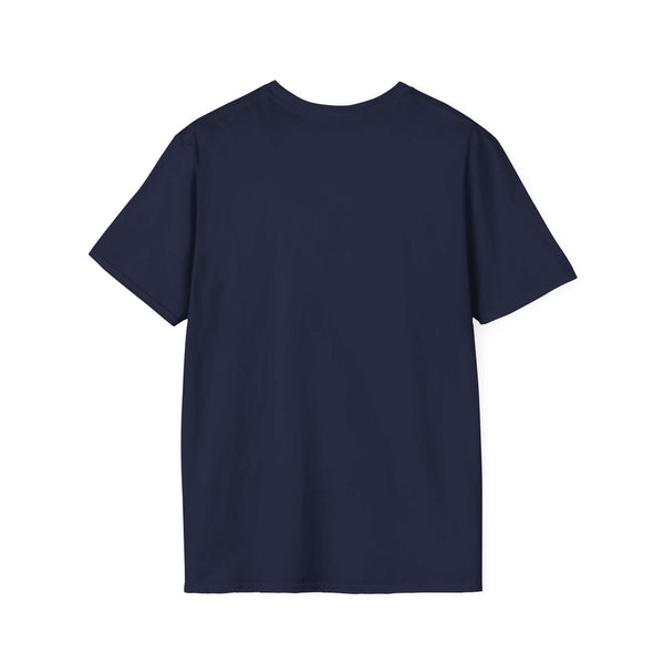 Back view of a navy blue unisex soft-style t-shirt made from 100% ring-spun cotton.