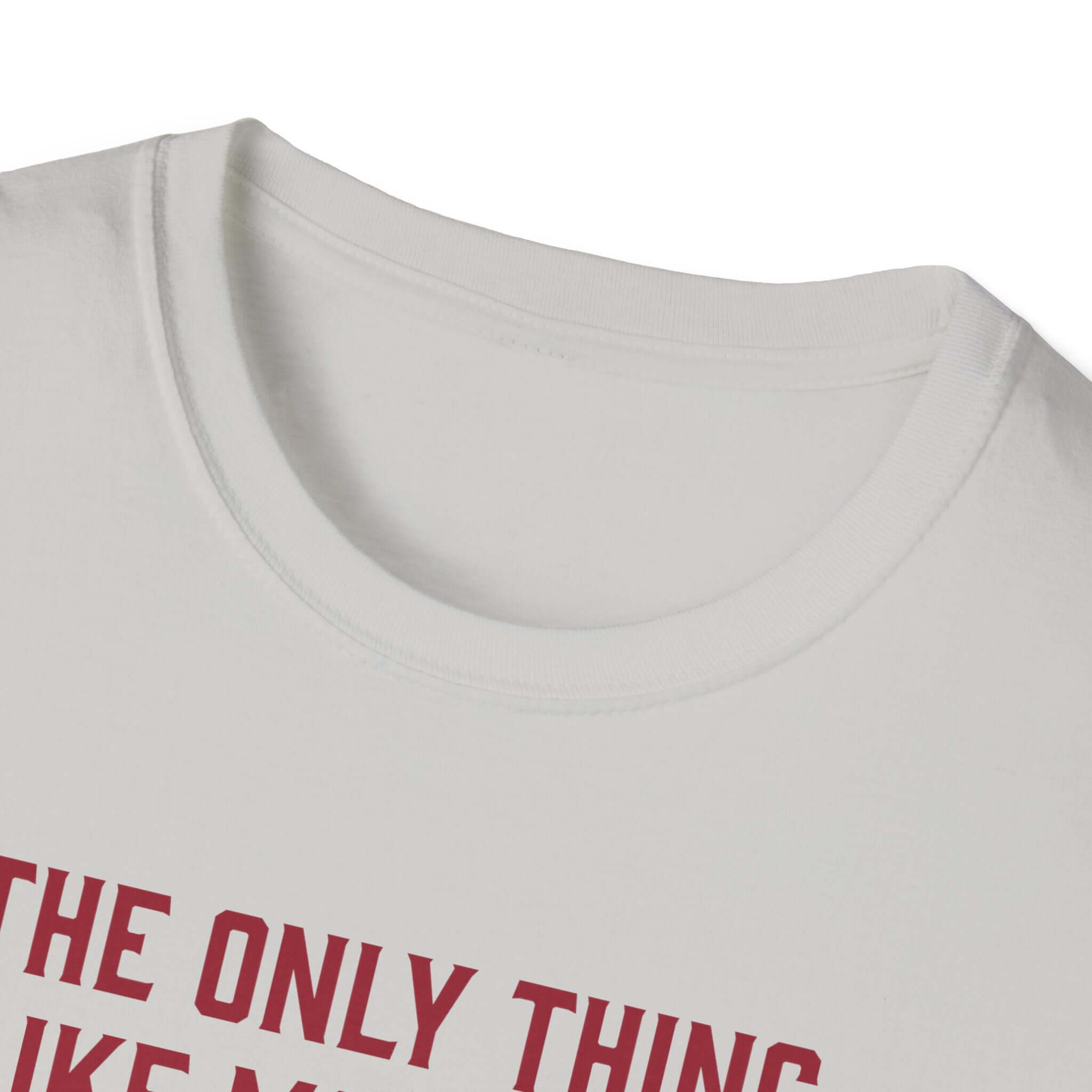 Close-up of a light-colored soft-style t-shirt collar with red text reading 'THE ONLY THING LIKE MY DAD'.