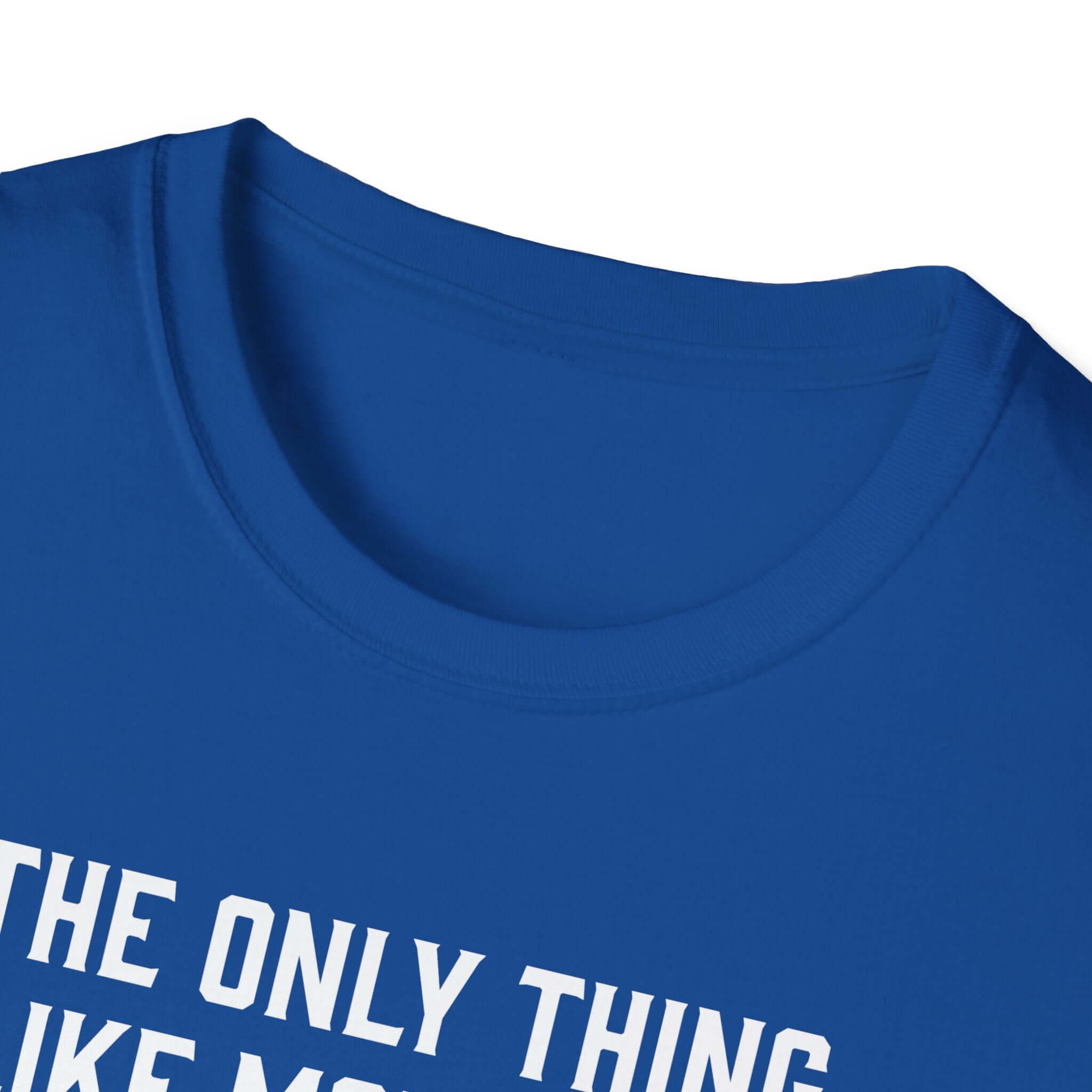 Close-up of a blue softstyle t-shirt collar with text graphic, ideal for Father's Day gifts.