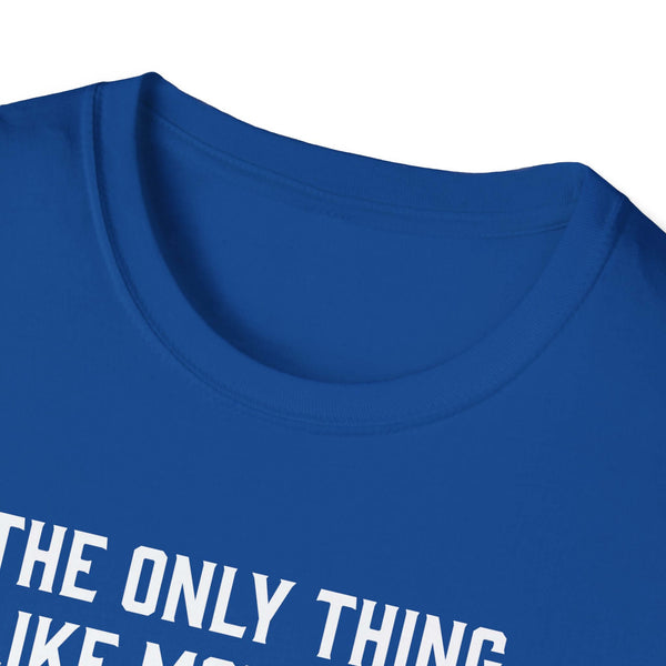 Close-up of a blue softstyle t-shirt collar with text graphic, ideal for Father's Day gifts.