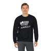 Man wearing Hand & Foot Addict unisex heavy blend crewneck sweatshirt, black with white print, showcasing comfort and style.