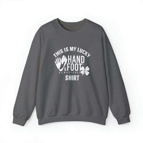 Gray Lucky Unisex Heavy Blend Crewneck Sweatshirt with "This is My Lucky Hand & Foot Shirt" print