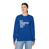 Unisex blue crewneck sweatshirt with 'Best Hand Foot Player Ever' text, modeled by a person standing.
