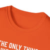 Close-up of an orange soft-style t-shirt collar with white text, perfect gift for dads.