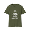 Keep Calm Softstyle T-Shirt with "Keep Calm and Play Hand & Foot Remastered" design on green fabric, 100% ring-spun cotton.