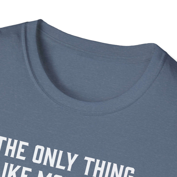 Close-up of a blue softstyle t-shirt neckline with text 'THE ONLY THING LIKE ME IS MY KIDS' for Father's Day gift.